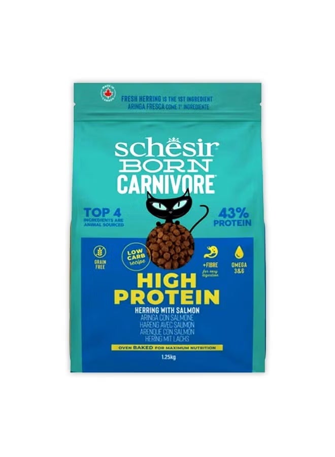 Schesir Born Carnivore Grain Free Oven Baked Dry Cat Food Herring & Salmon 1.25kg | High Protein Low Carb Adult Cat Formula for Digestion & Skin Coat Health - Image 1
